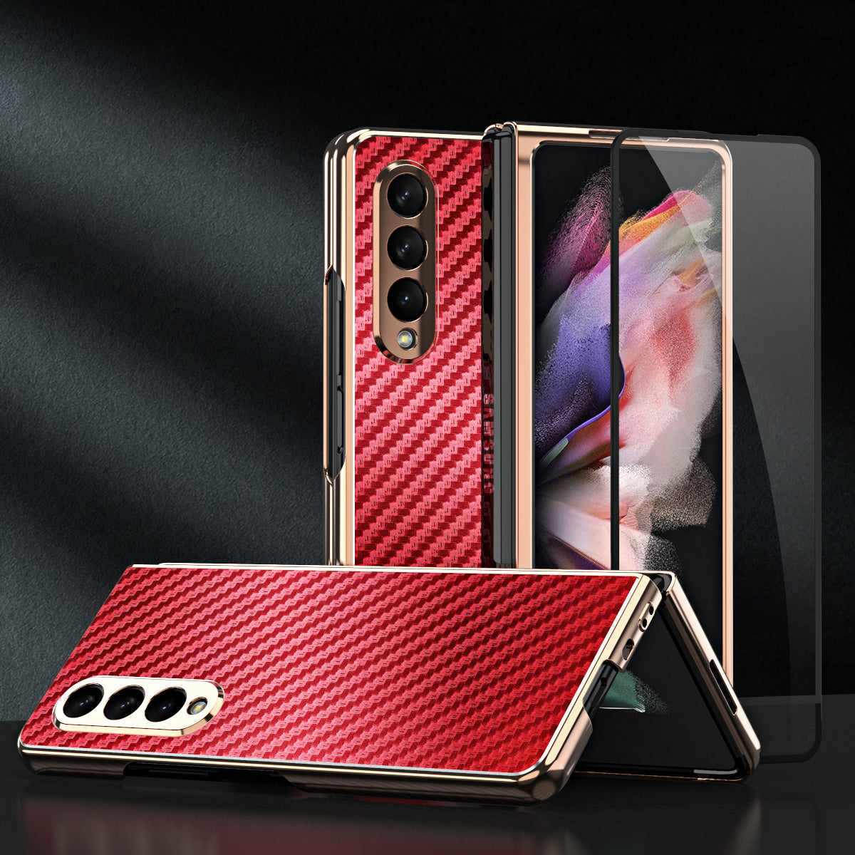 Vacuum Plating Frame Carbon Fiber Texture PU Leather Coated PC Case with Screen Film for Samsung Galaxy Z Fold3 5G