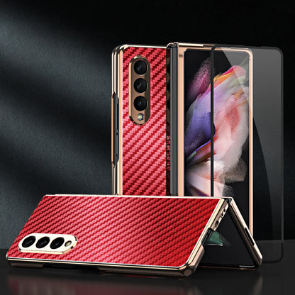 Vacuum Plating Frame Carbon Fiber Texture PU Leather Coated PC Case with Screen Film for Samsung Galaxy Z Fold3 5G