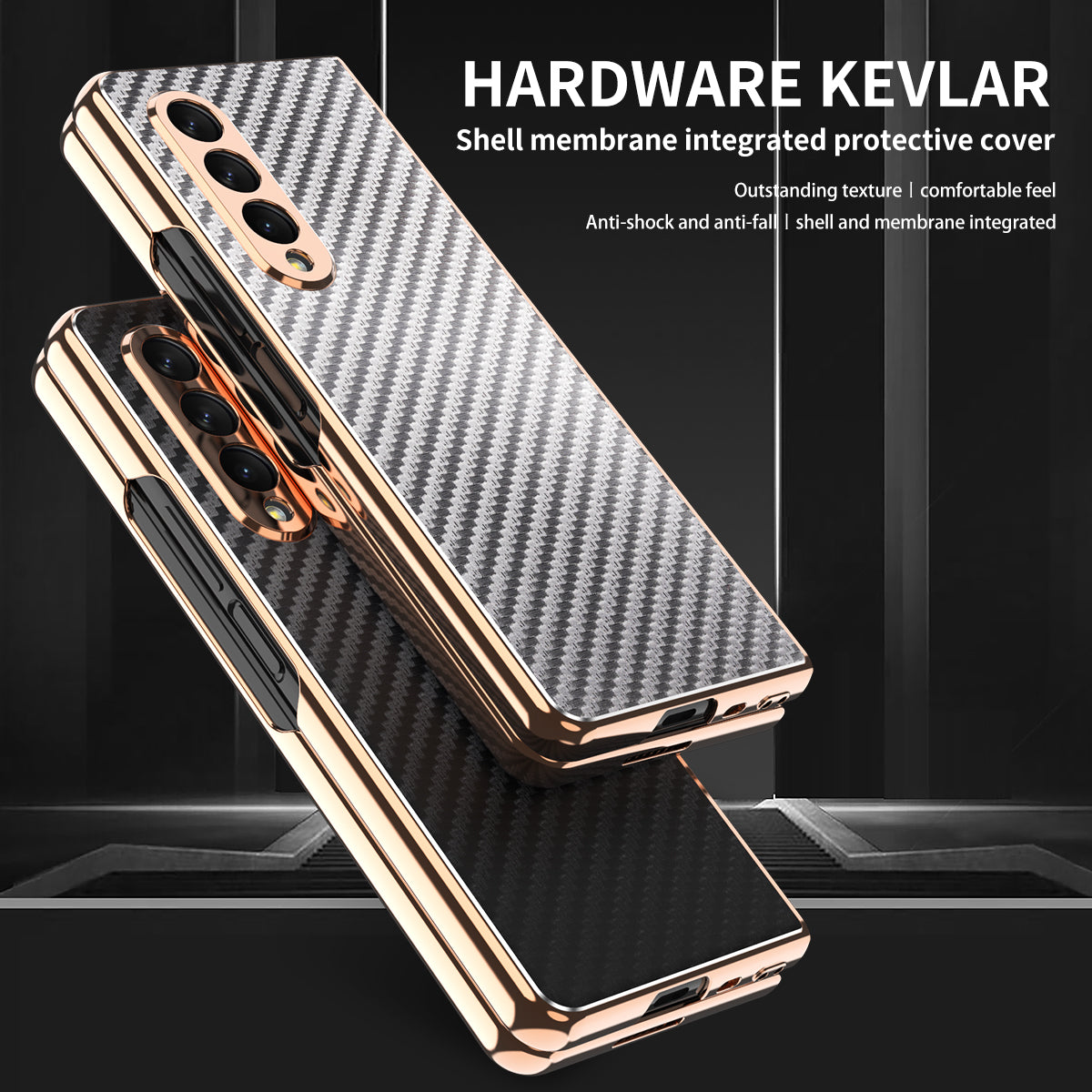 Vacuum Plating Frame Carbon Fiber Texture PU Leather Coated PC Case with Screen Film for Samsung Galaxy Z Fold3 5G