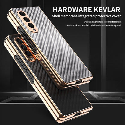 Vacuum Plating Frame Carbon Fiber Texture PU Leather Coated PC Case with Screen Film for Samsung Galaxy Z Fold3 5G
