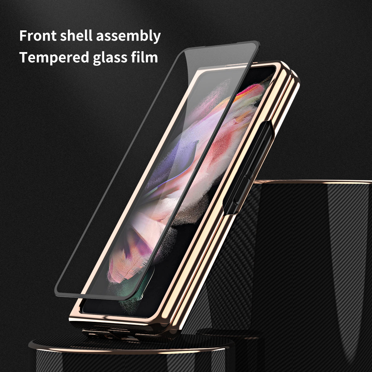 Vacuum Plating Frame Carbon Fiber Texture PU Leather Coated PC Case with Screen Film for Samsung Galaxy Z Fold3 5G