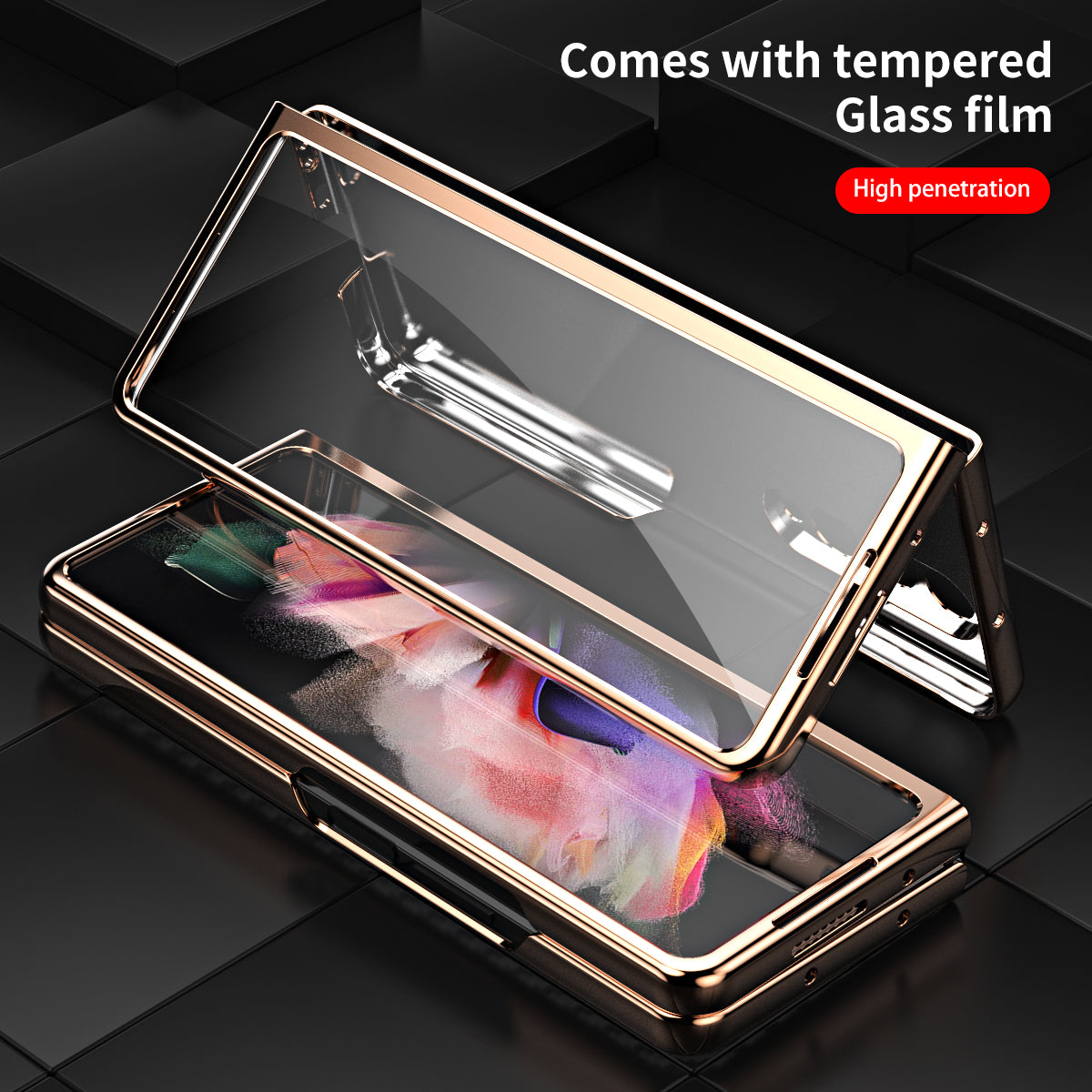 Vacuum Plating Frame Carbon Fiber Texture PU Leather Coated PC Case with Screen Film for Samsung Galaxy Z Fold3 5G