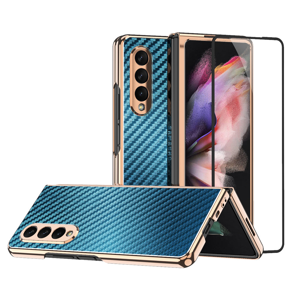 Vacuum Plating Frame Carbon Fiber Texture PU Leather Coated PC Case with Screen Film for Samsung Galaxy Z Fold3 5G