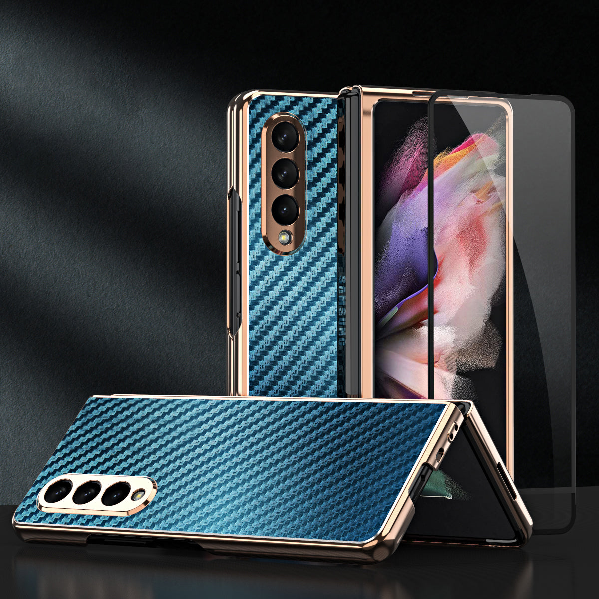 Vacuum Plating Frame Carbon Fiber Texture PU Leather Coated PC Case with Screen Film for Samsung Galaxy Z Fold3 5G