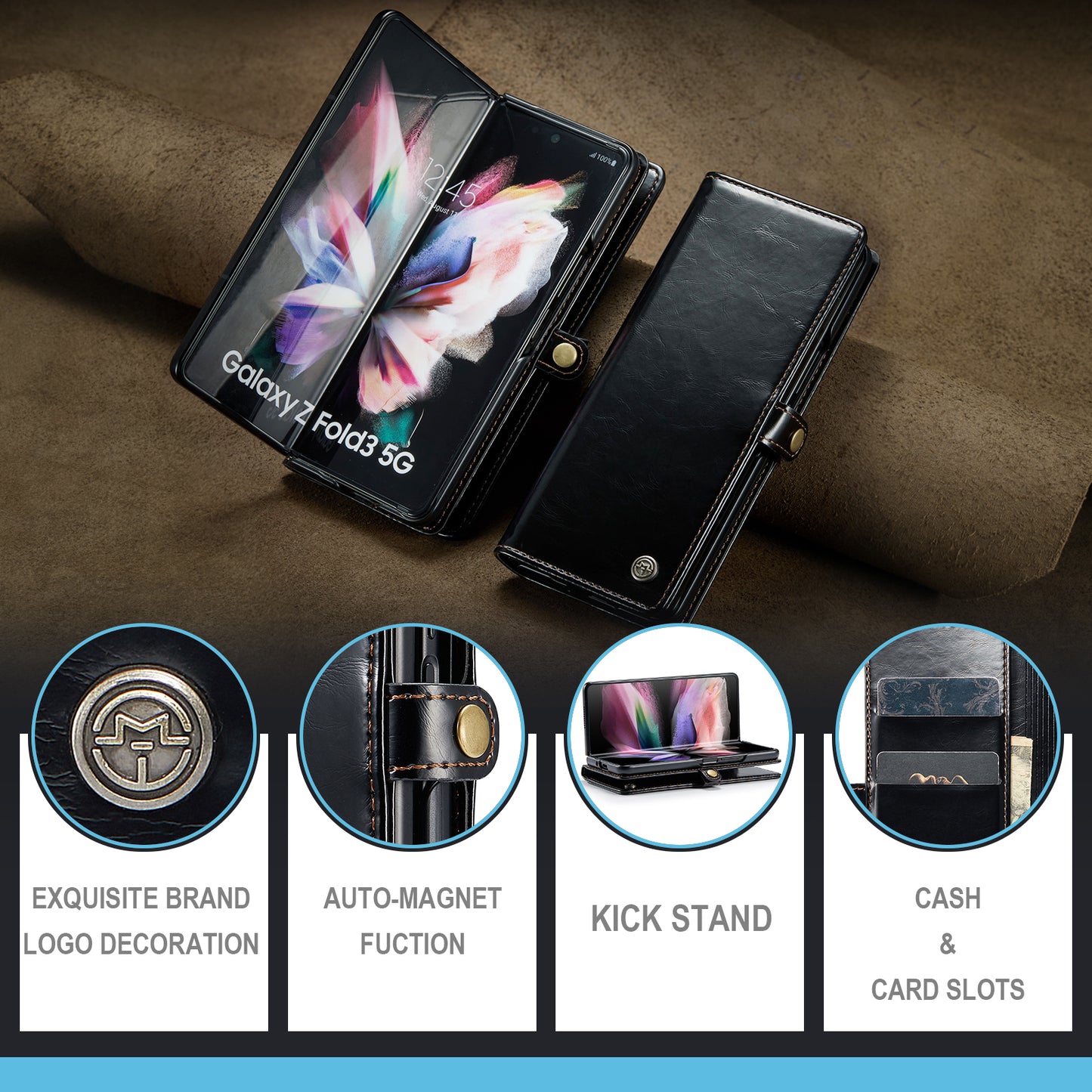 CASEME 003 Series Waxy Texture Magnetic Closure Wallet Leather Phone Stand Cover Case for Samsung Galaxy Z Fold3 5G