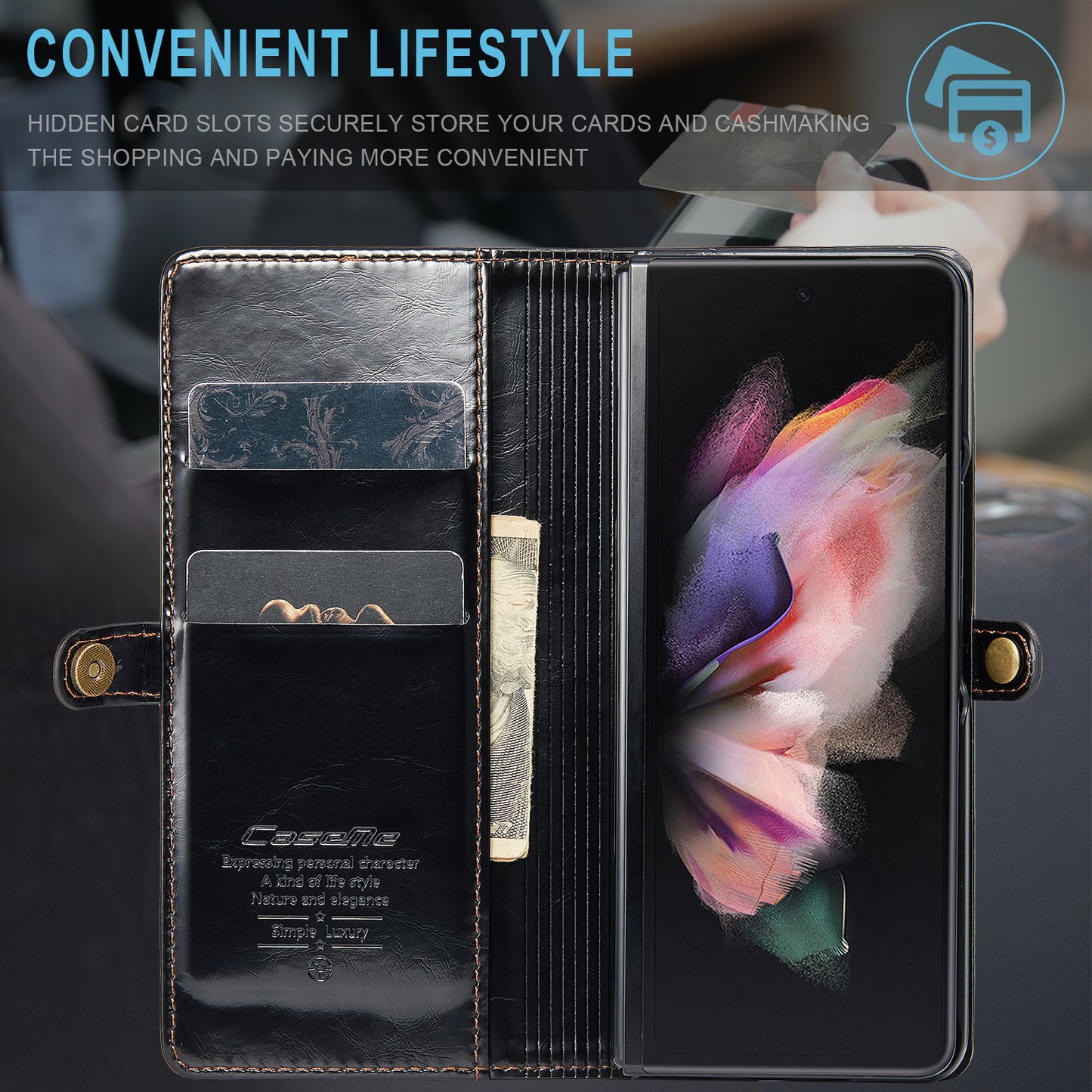 CASEME 003 Series Waxy Texture Magnetic Closure Wallet Leather Phone Stand Cover Case for Samsung Galaxy Z Fold3 5G