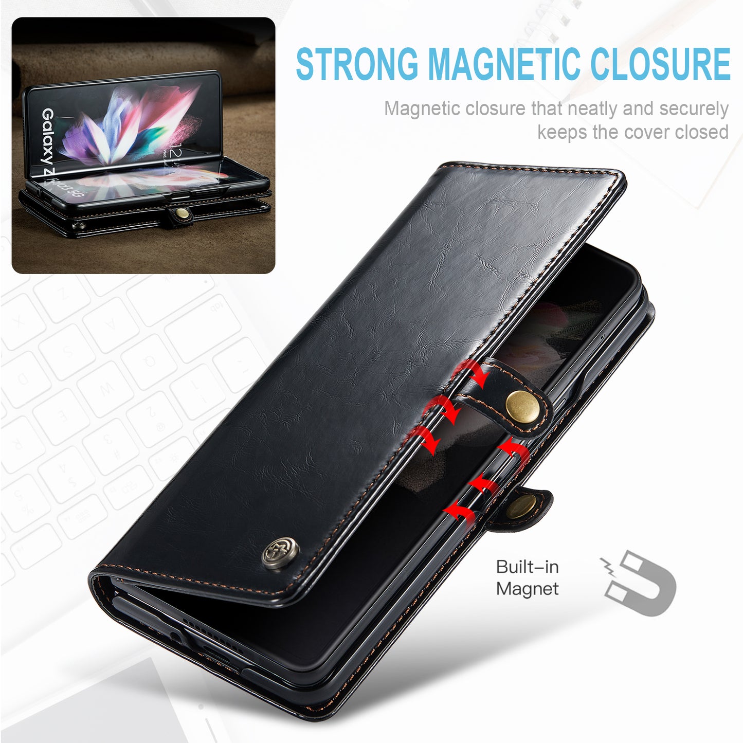CASEME 003 Series Waxy Texture Magnetic Closure Wallet Leather Phone Stand Cover Case for Samsung Galaxy Z Fold3 5G