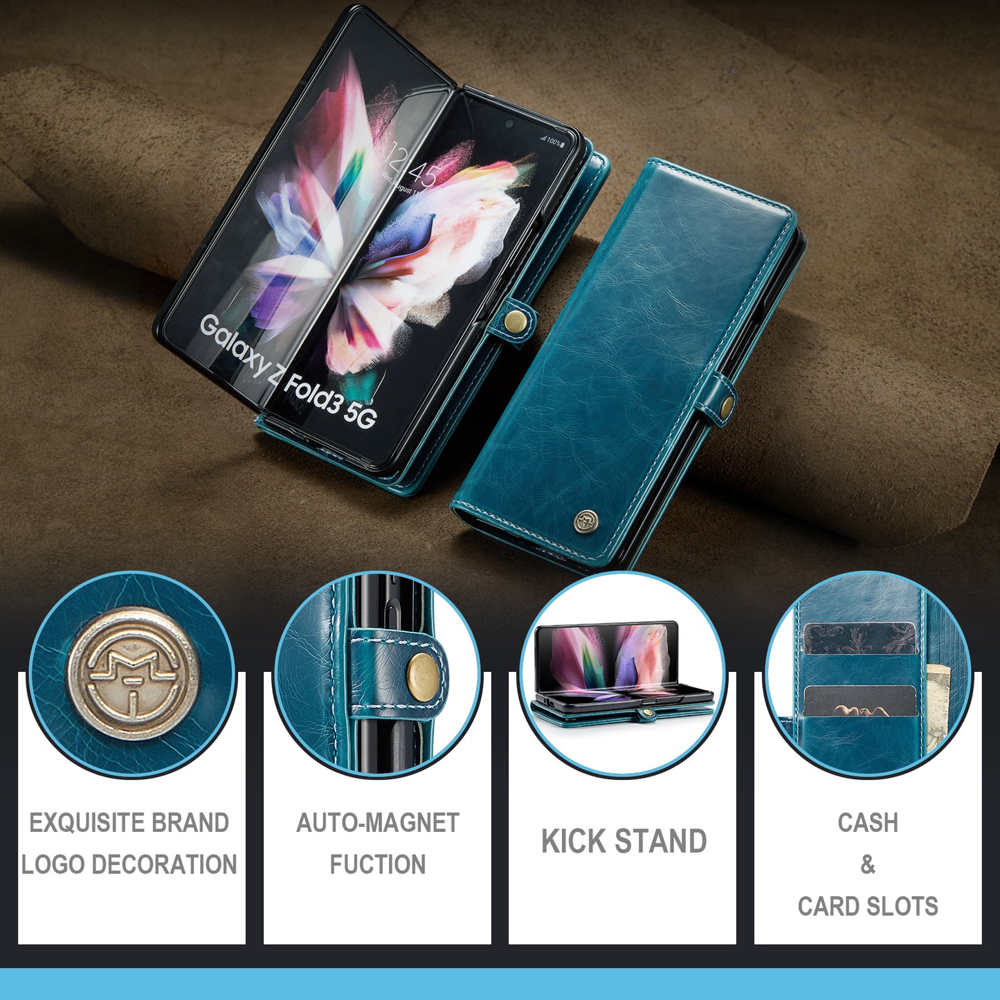 CASEME 003 Series Waxy Texture Magnetic Closure Wallet Leather Phone Stand Cover Case for Samsung Galaxy Z Fold3 5G