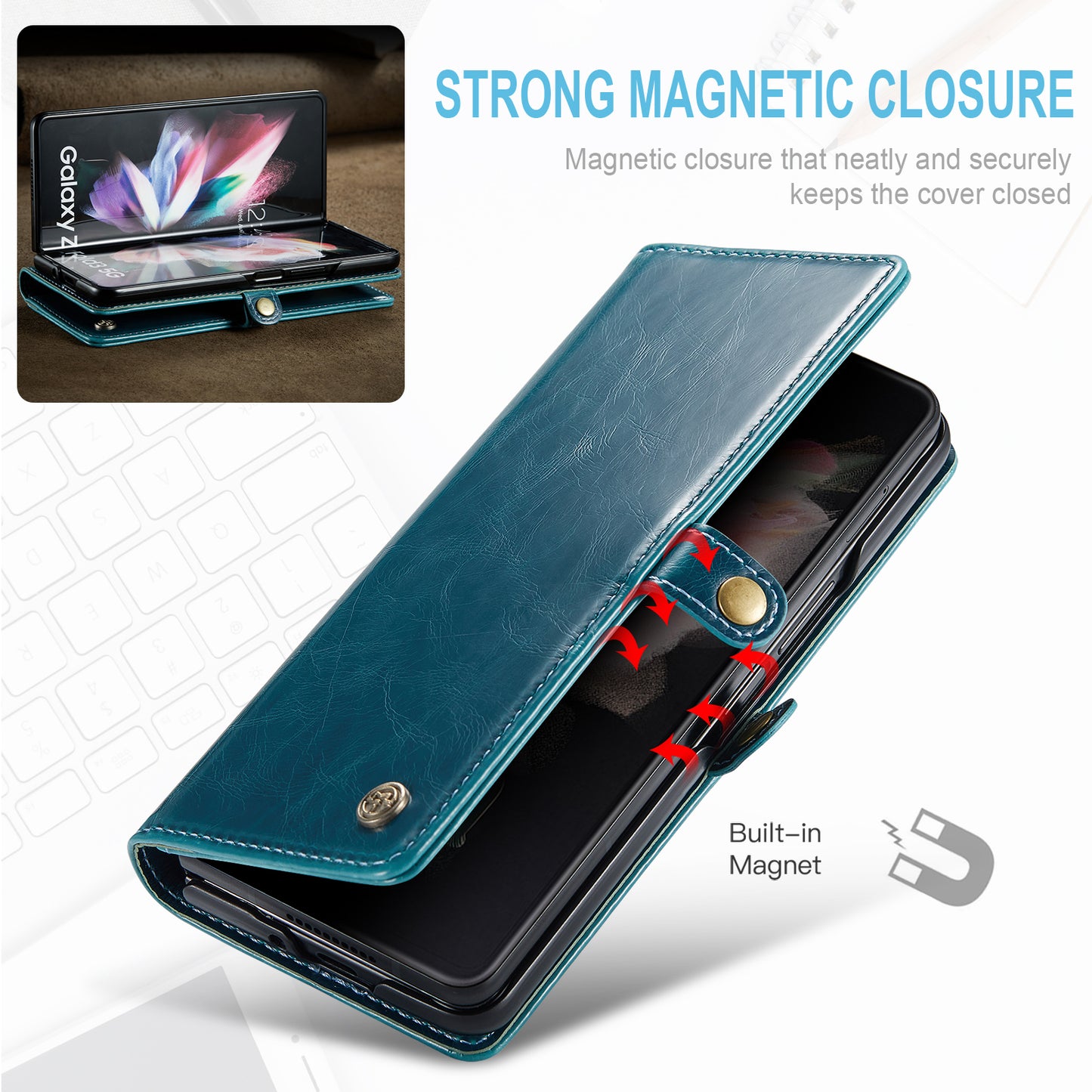 CASEME 003 Series Waxy Texture Magnetic Closure Wallet Leather Phone Stand Cover Case for Samsung Galaxy Z Fold3 5G