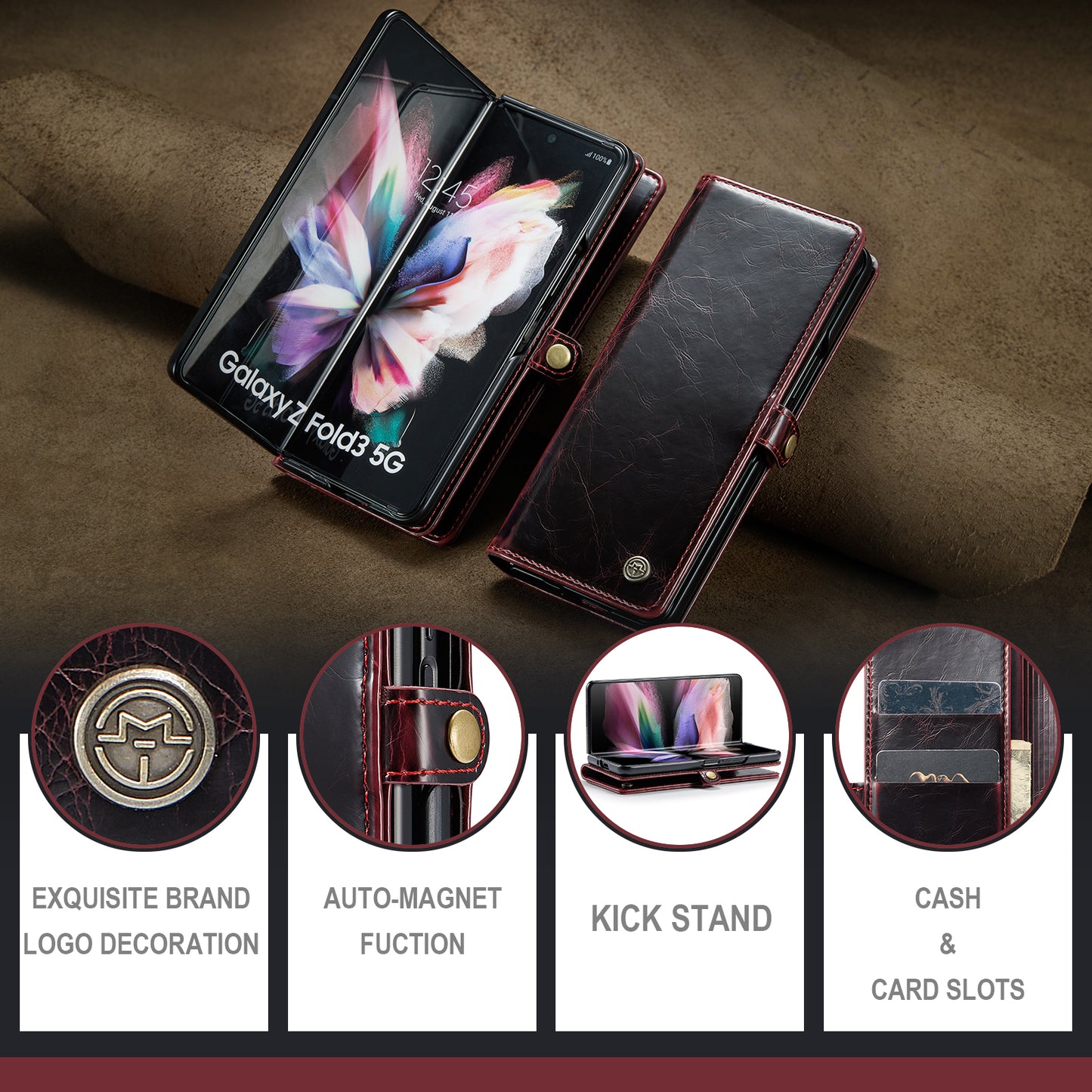 CASEME 003 Series Waxy Texture Magnetic Closure Wallet Leather Phone Stand Cover Case for Samsung Galaxy Z Fold3 5G