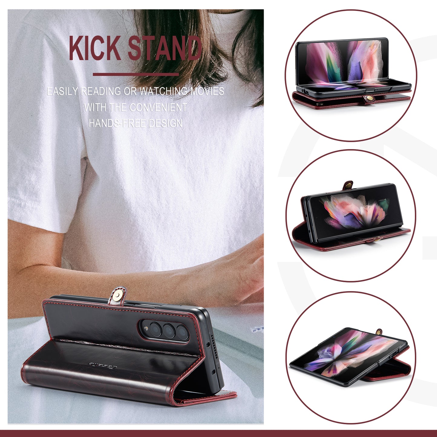 CASEME 003 Series Waxy Texture Magnetic Closure Wallet Leather Phone Stand Cover Case for Samsung Galaxy Z Fold3 5G