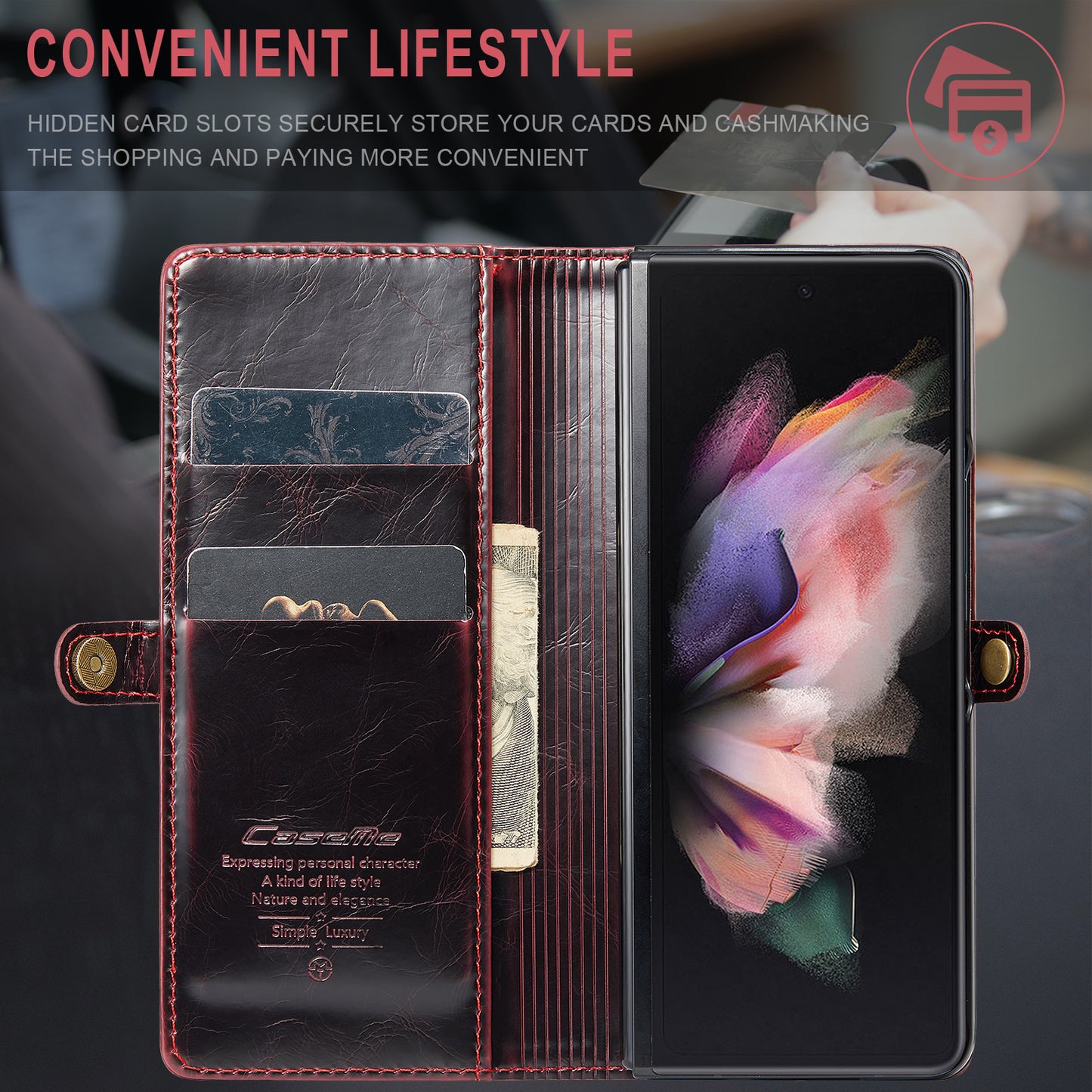 CASEME 003 Series Waxy Texture Magnetic Closure Wallet Leather Phone Stand Cover Case for Samsung Galaxy Z Fold3 5G