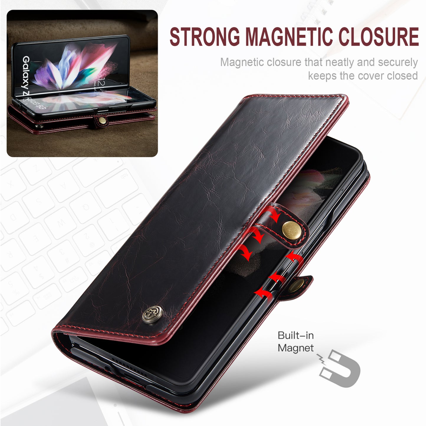 CASEME 003 Series Waxy Texture Magnetic Closure Wallet Leather Phone Stand Cover Case for Samsung Galaxy Z Fold3 5G