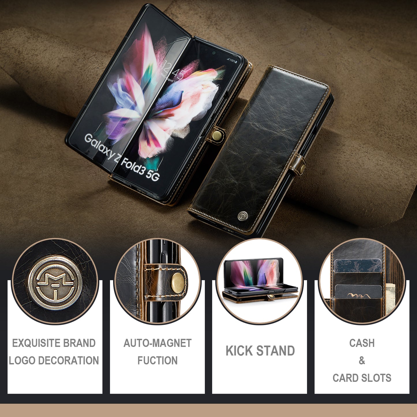 CASEME 003 Series Waxy Texture Magnetic Closure Wallet Leather Phone Stand Cover Case for Samsung Galaxy Z Fold3 5G