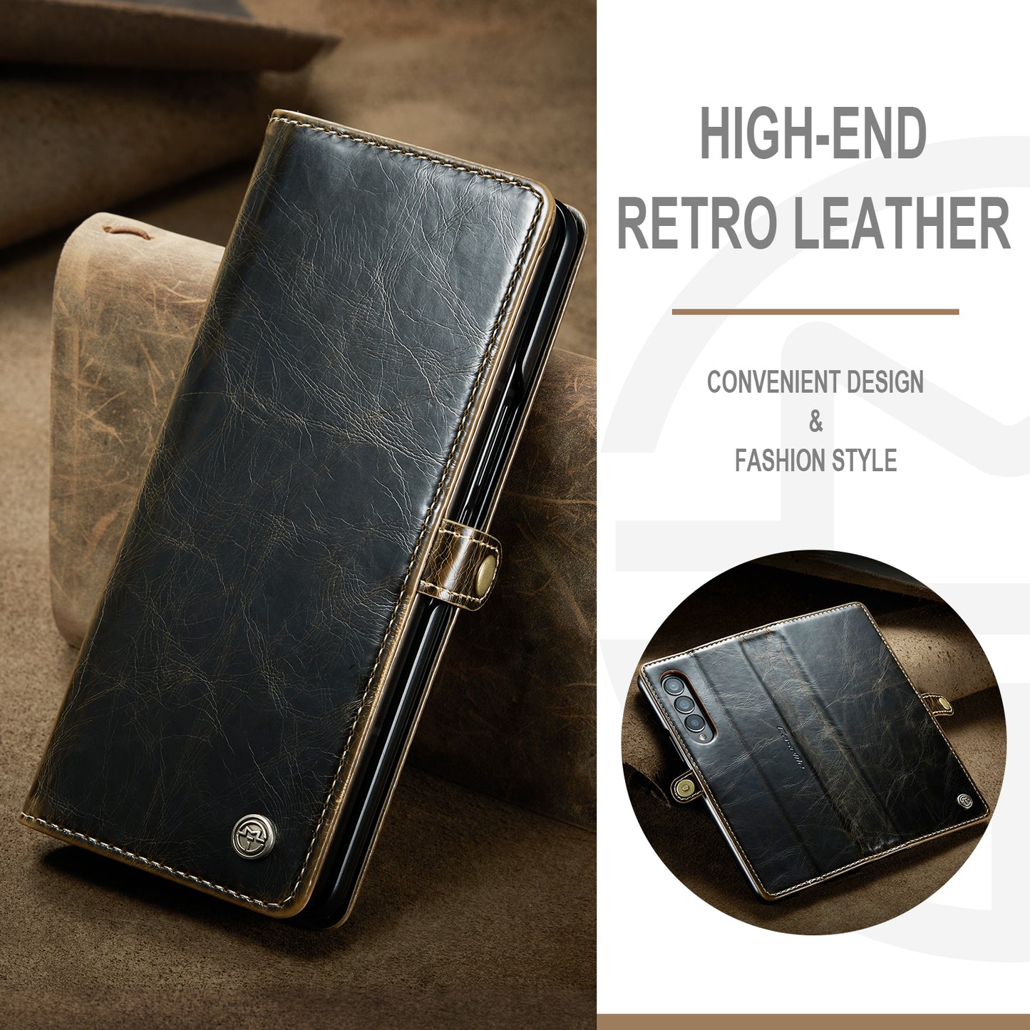 CASEME 003 Series Waxy Texture Magnetic Closure Wallet Leather Phone Stand Cover Case for Samsung Galaxy Z Fold3 5G