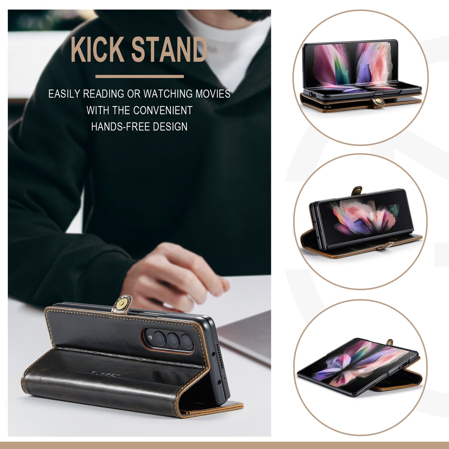 CASEME 003 Series Waxy Texture Magnetic Closure Wallet Leather Phone Stand Cover Case for Samsung Galaxy Z Fold3 5G