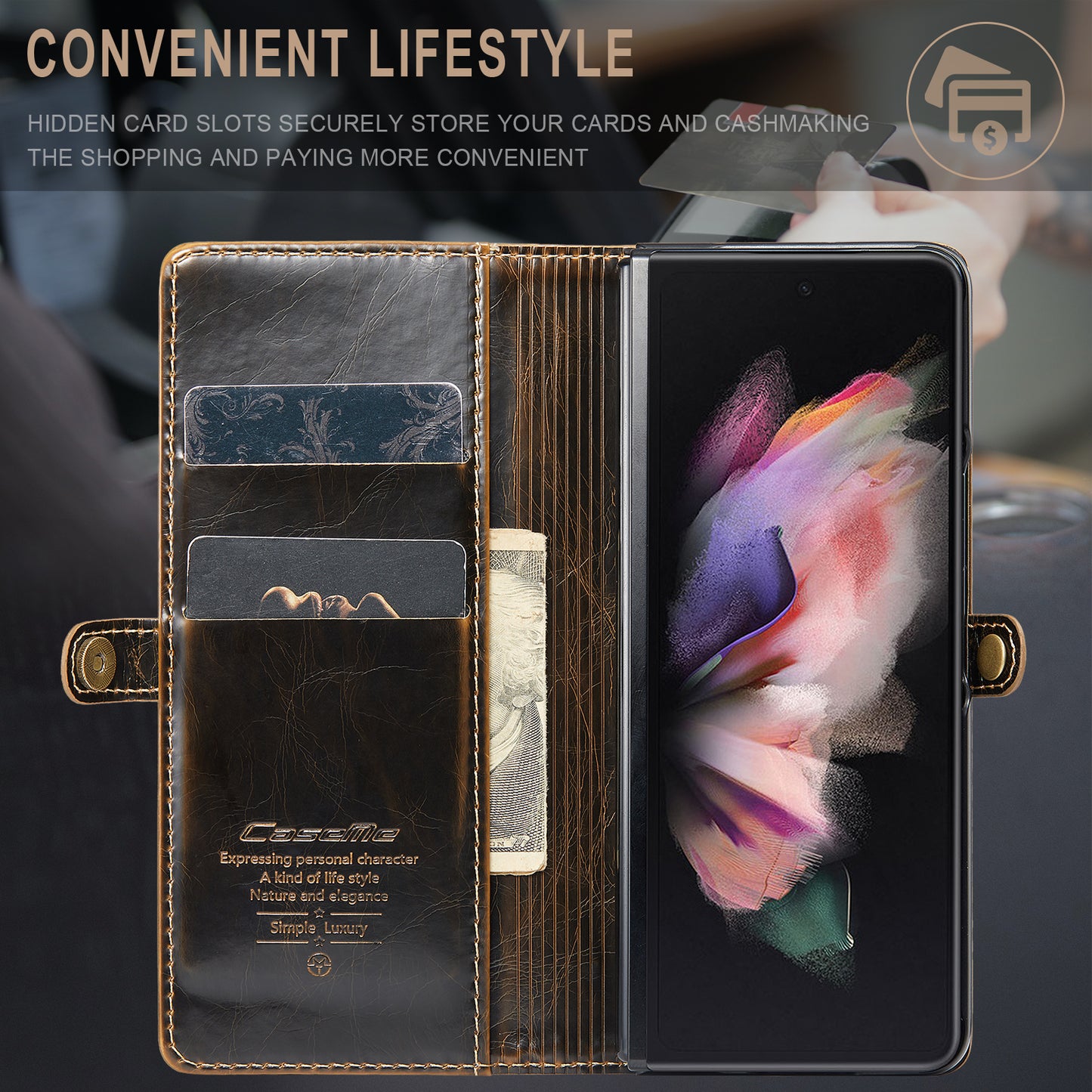 CASEME 003 Series Waxy Texture Magnetic Closure Wallet Leather Phone Stand Cover Case for Samsung Galaxy Z Fold3 5G