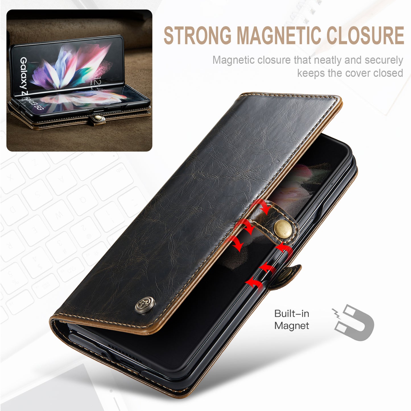 CASEME 003 Series Waxy Texture Magnetic Closure Wallet Leather Phone Stand Cover Case for Samsung Galaxy Z Fold3 5G