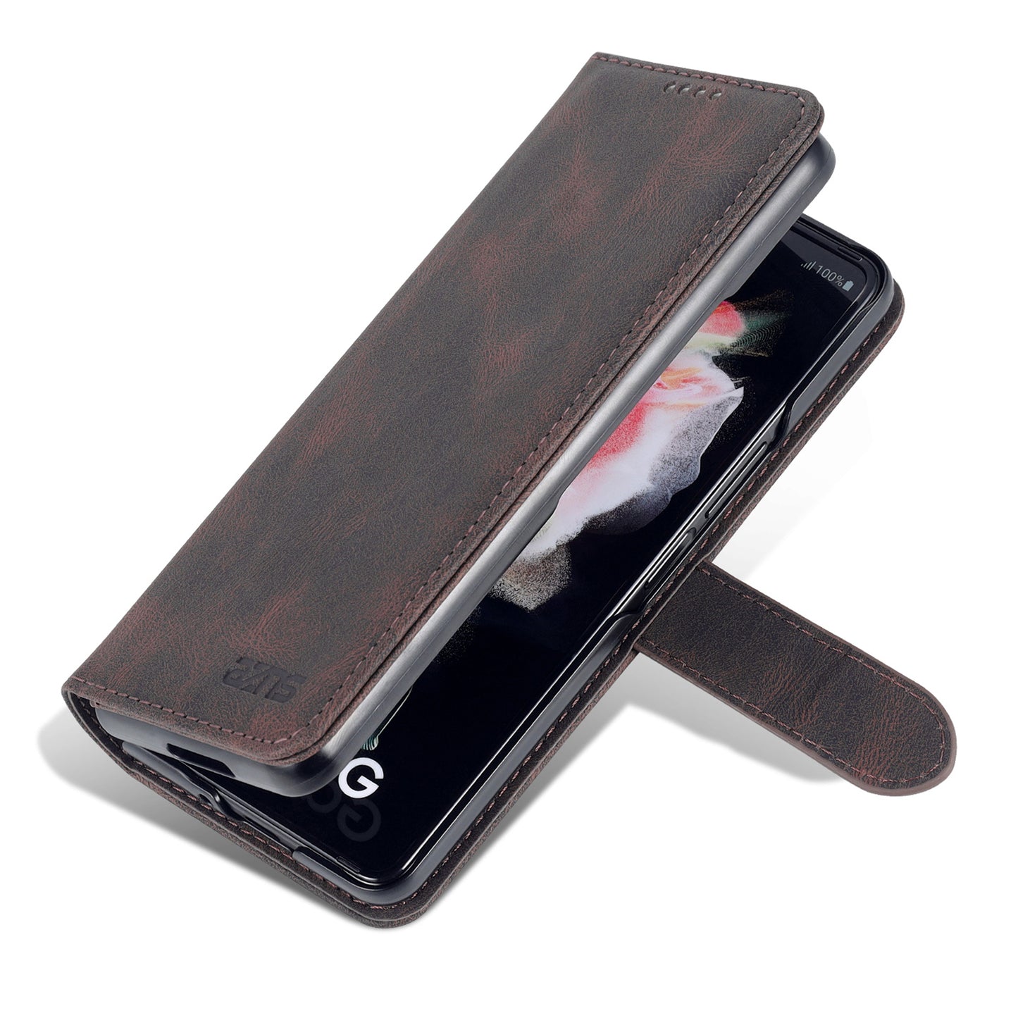 AZNS PU Leather Magnetic Clasp Closure Well-Protected Shockproof Phone Case with Stand Wallet for Samsung Galaxy Z Fold3 5G