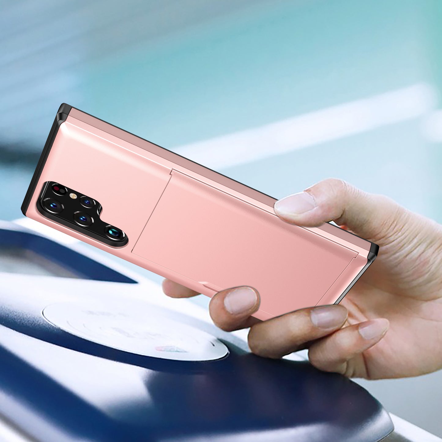 Slide Card Holder Anti-drop Well-protected Smooth PC + TPU Hybrid Phone Case for Samsung Galaxy S22 Ultra 5G