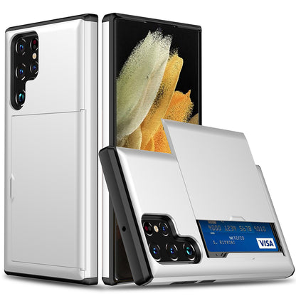 Slide Card Holder Anti-drop Well-protected Smooth PC + TPU Hybrid Phone Case for Samsung Galaxy S22 Ultra 5G