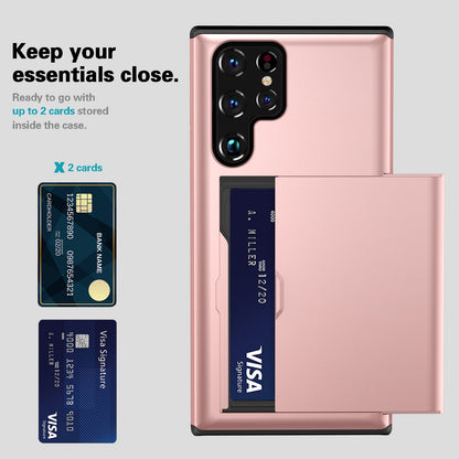 Slide Card Holder Anti-drop Well-protected Smooth PC + TPU Hybrid Phone Case for Samsung Galaxy S22 Ultra 5G