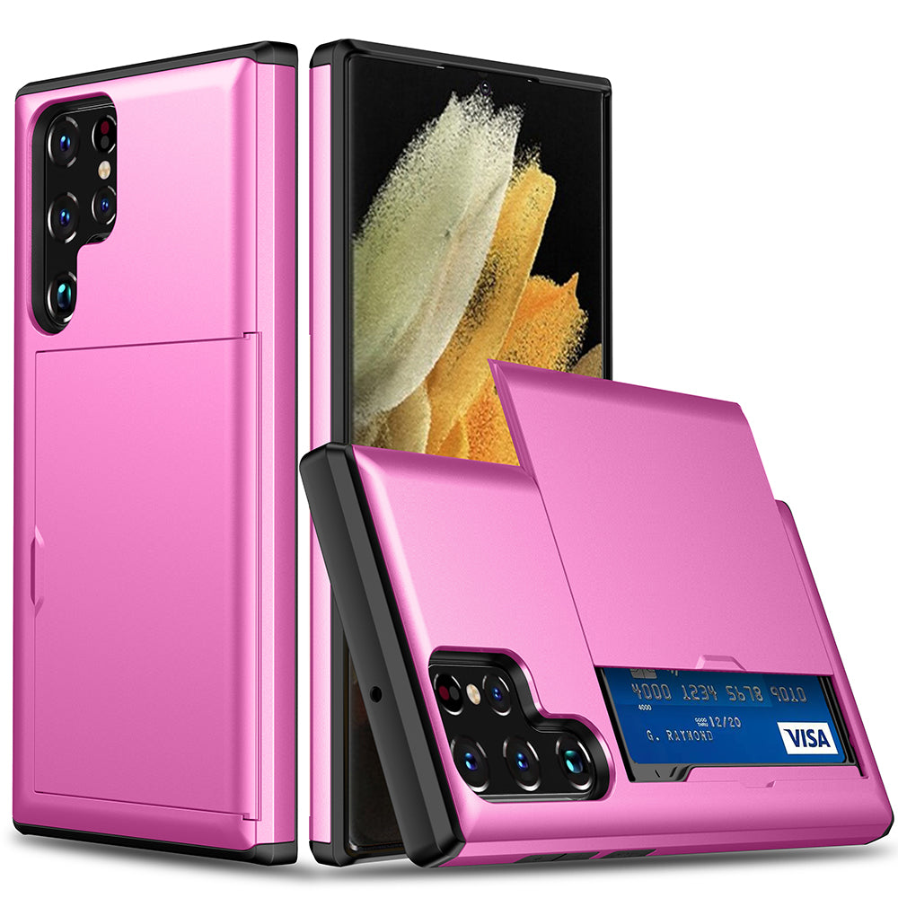 Slide Card Holder Anti-drop Well-protected Smooth PC + TPU Hybrid Phone Case for Samsung Galaxy S22 Ultra 5G