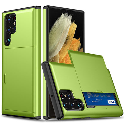 Slide Card Holder Anti-drop Well-protected Smooth PC + TPU Hybrid Phone Case for Samsung Galaxy S22 Ultra 5G