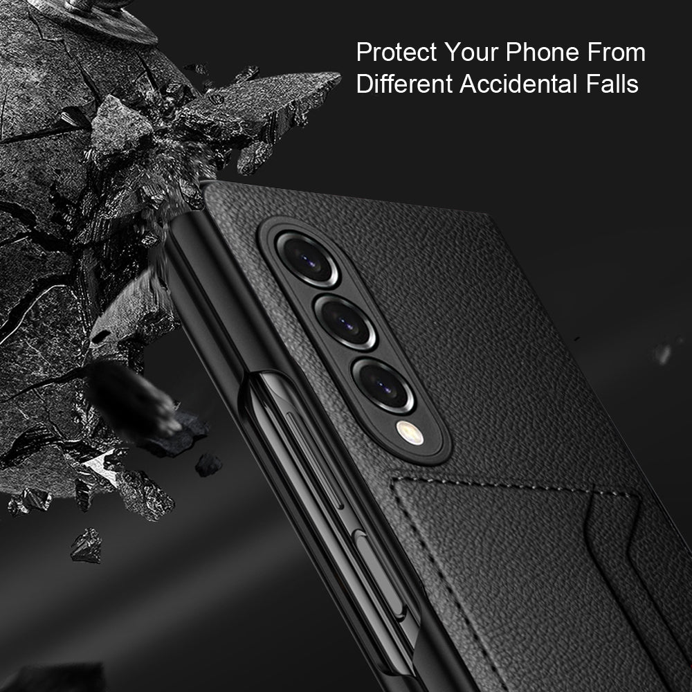 Soft Microfiber Lining Litchi Texture Dual Card Slots Design PU Leather + PC Hybrid Phone Case for Samsung Galaxy Z Fold3 5G