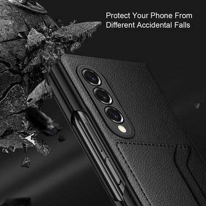 Soft Microfiber Lining Litchi Texture Dual Card Slots Design PU Leather + PC Hybrid Phone Case for Samsung Galaxy Z Fold3 5G