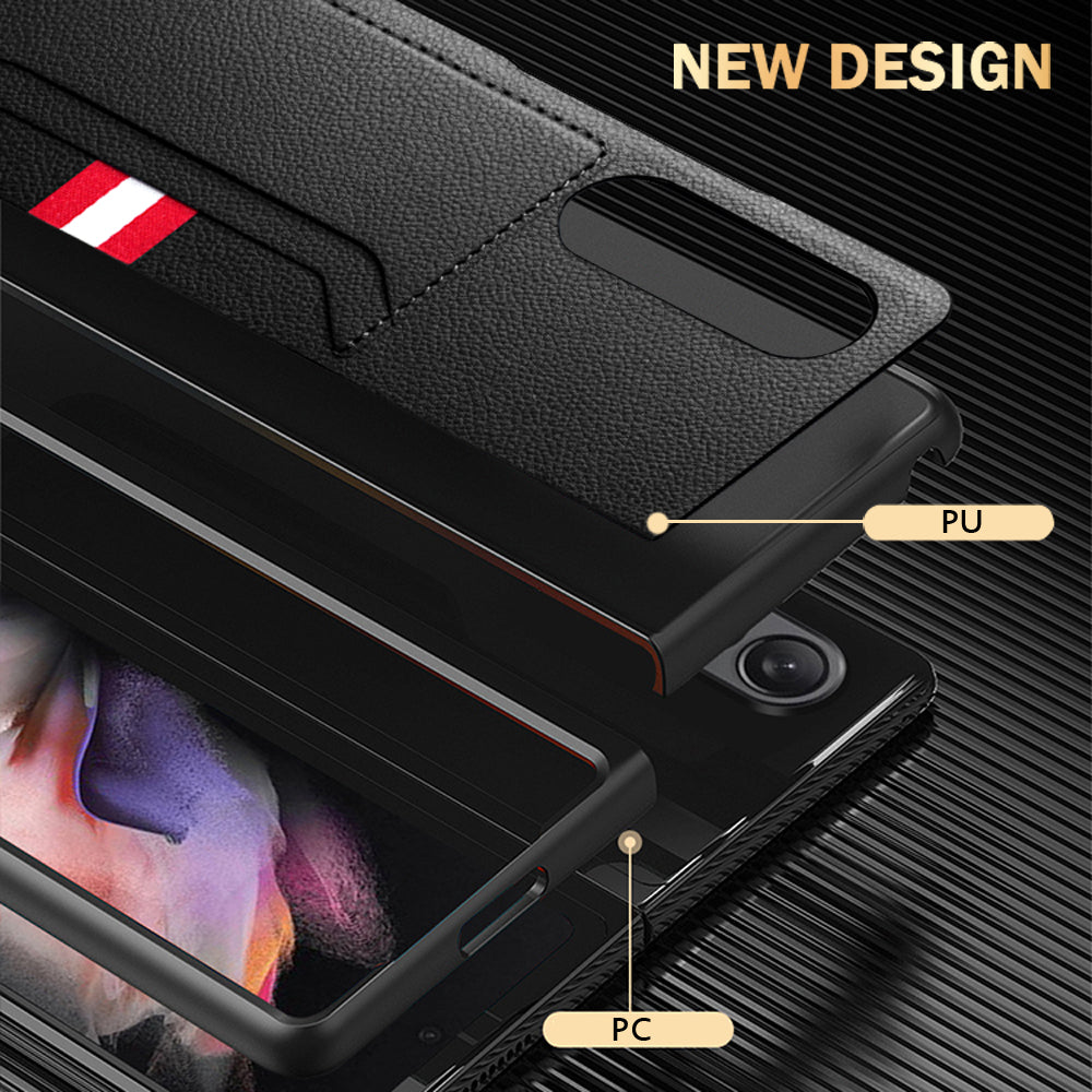 Soft Microfiber Lining Litchi Texture Dual Card Slots Design PU Leather + PC Hybrid Phone Case for Samsung Galaxy Z Fold3 5G