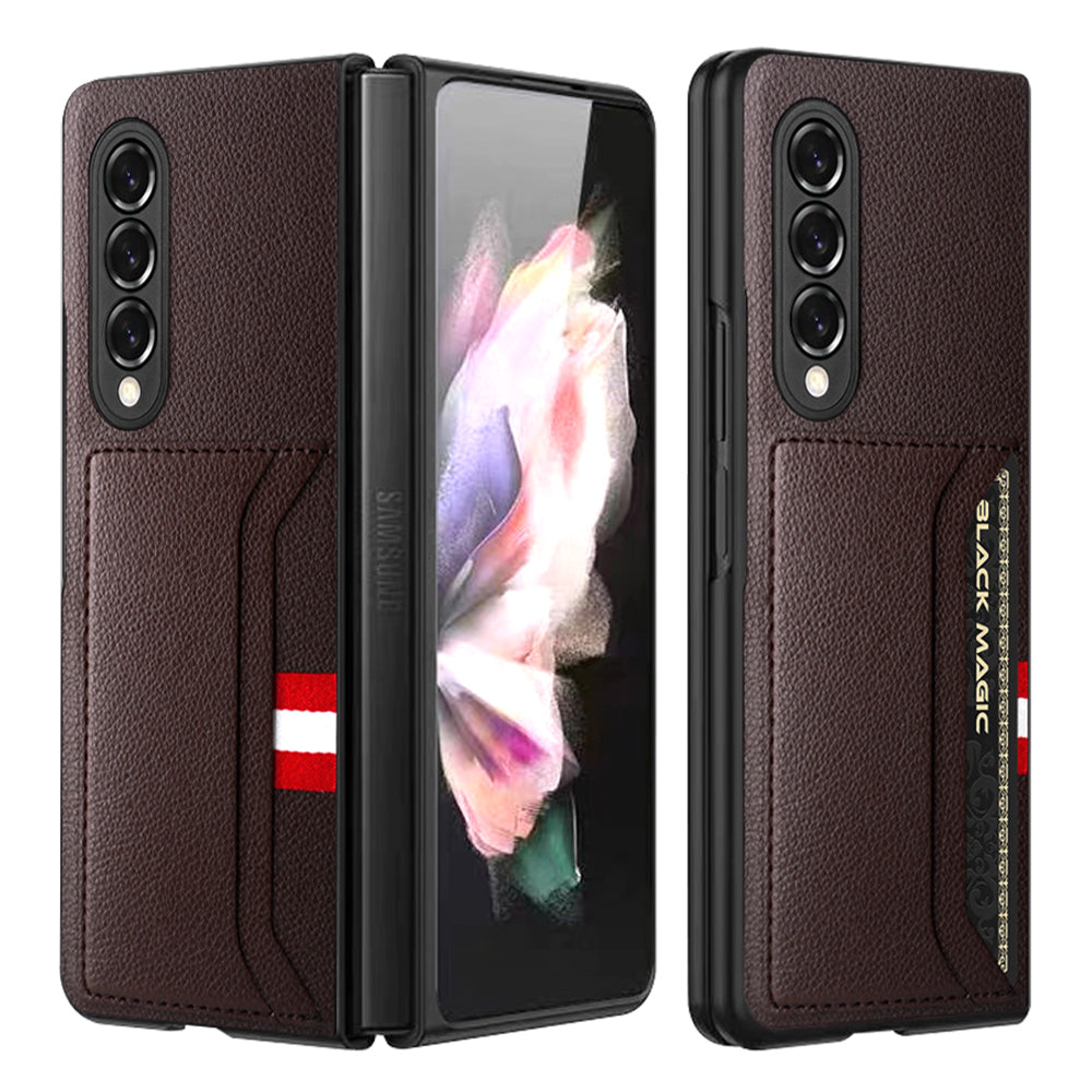 Soft Microfiber Lining Litchi Texture Dual Card Slots Design PU Leather + PC Hybrid Phone Case for Samsung Galaxy Z Fold3 5G