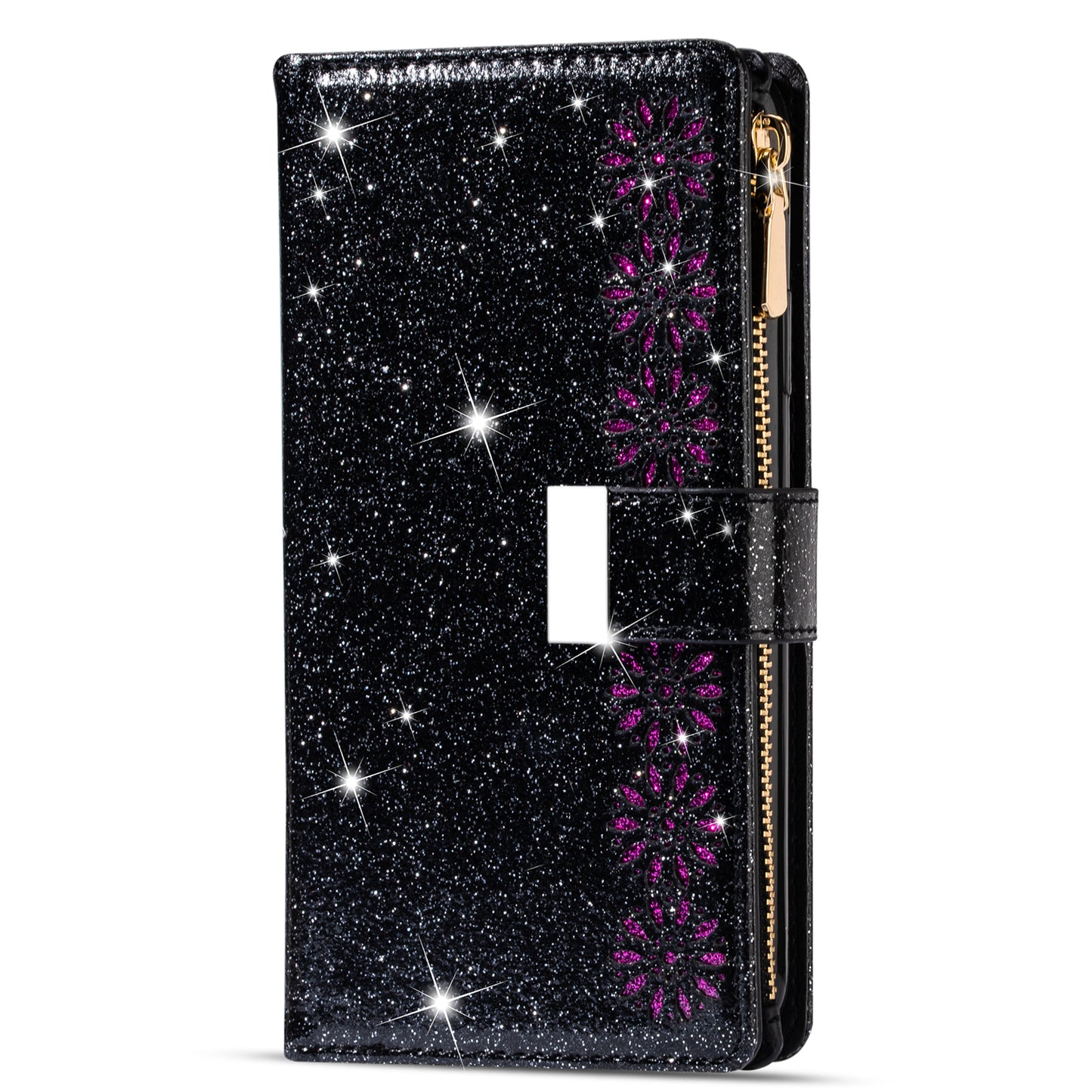 Glittery Starry Style Laser Carving Magnetic Closure Zipper Wallet Stand Protective Leather Phone Case for Samsung Galaxy Z Fold3 5G