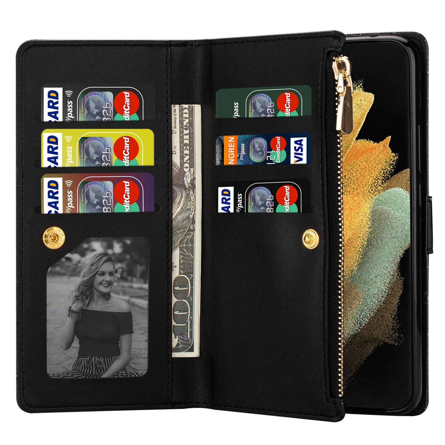 Glittery Starry Style Laser Carving Magnetic Closure Zipper Wallet Stand Protective Leather Phone Case for Samsung Galaxy Z Fold3 5G