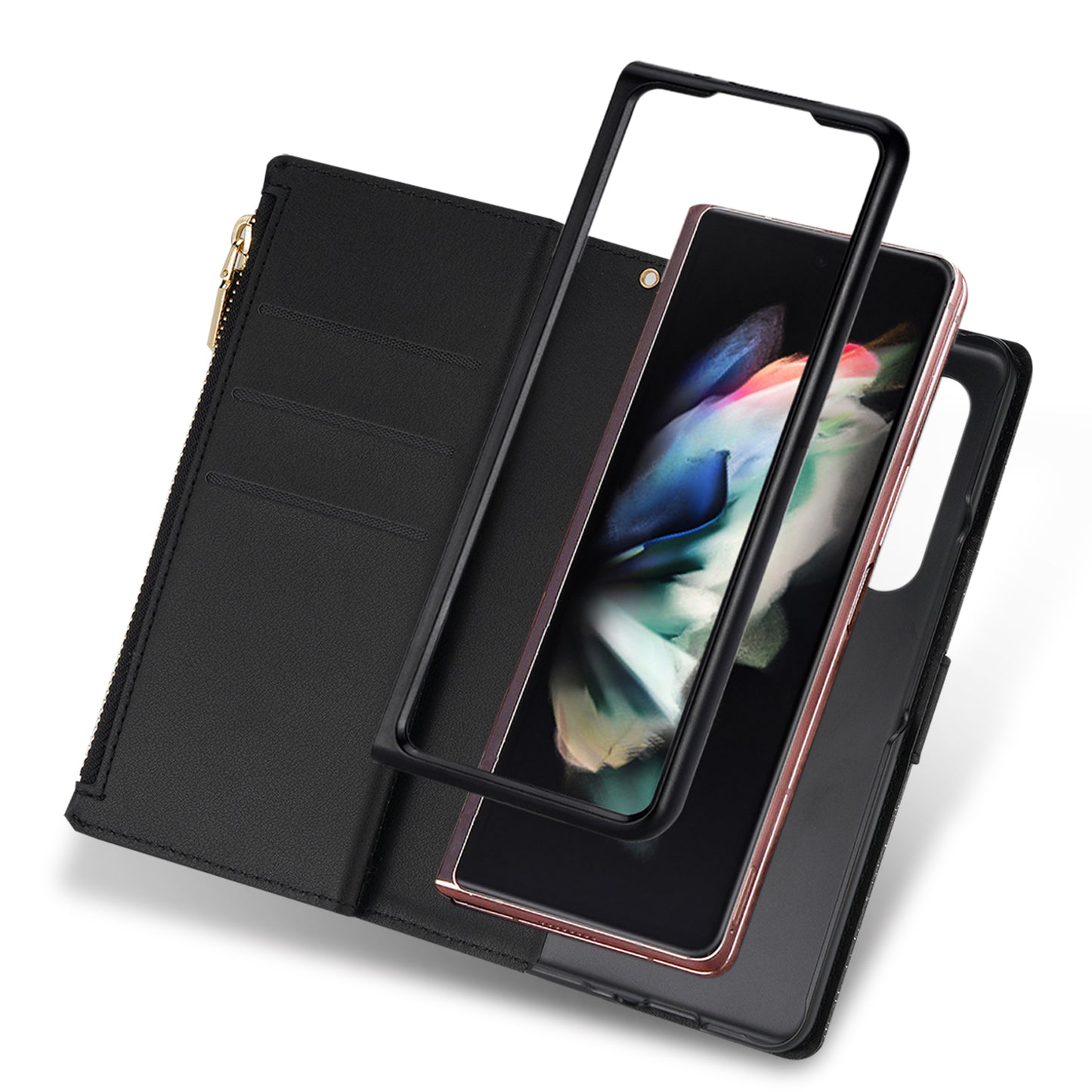 Glittery Starry Style Laser Carving Magnetic Closure Zipper Wallet Stand Protective Leather Phone Case for Samsung Galaxy Z Fold3 5G