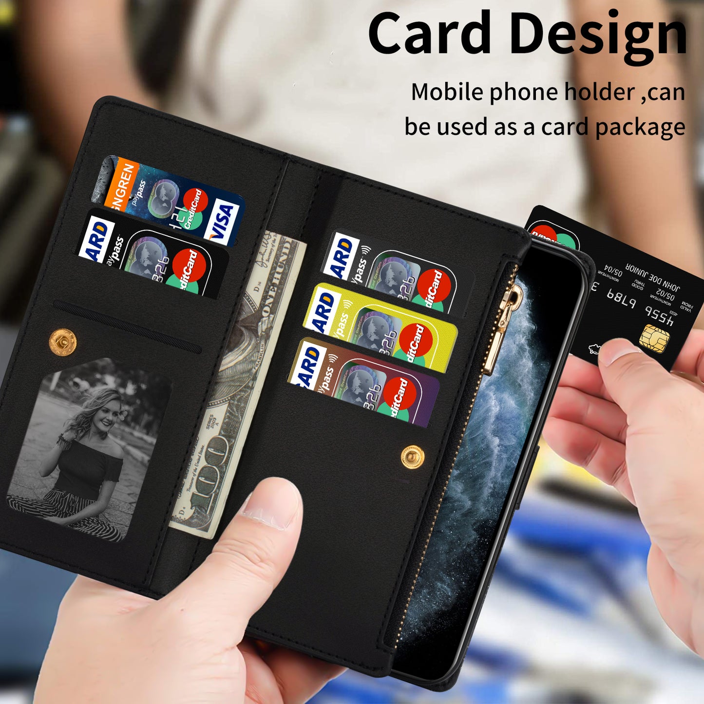 Glittery Starry Style Laser Carving Magnetic Closure Zipper Wallet Stand Protective Leather Phone Case for Samsung Galaxy Z Fold3 5G