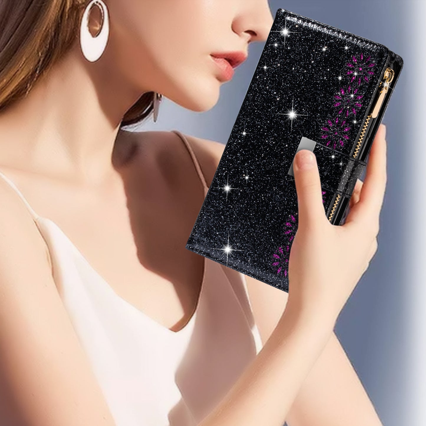 Glittery Starry Style Laser Carving Magnetic Closure Zipper Wallet Stand Protective Leather Phone Case for Samsung Galaxy Z Fold3 5G
