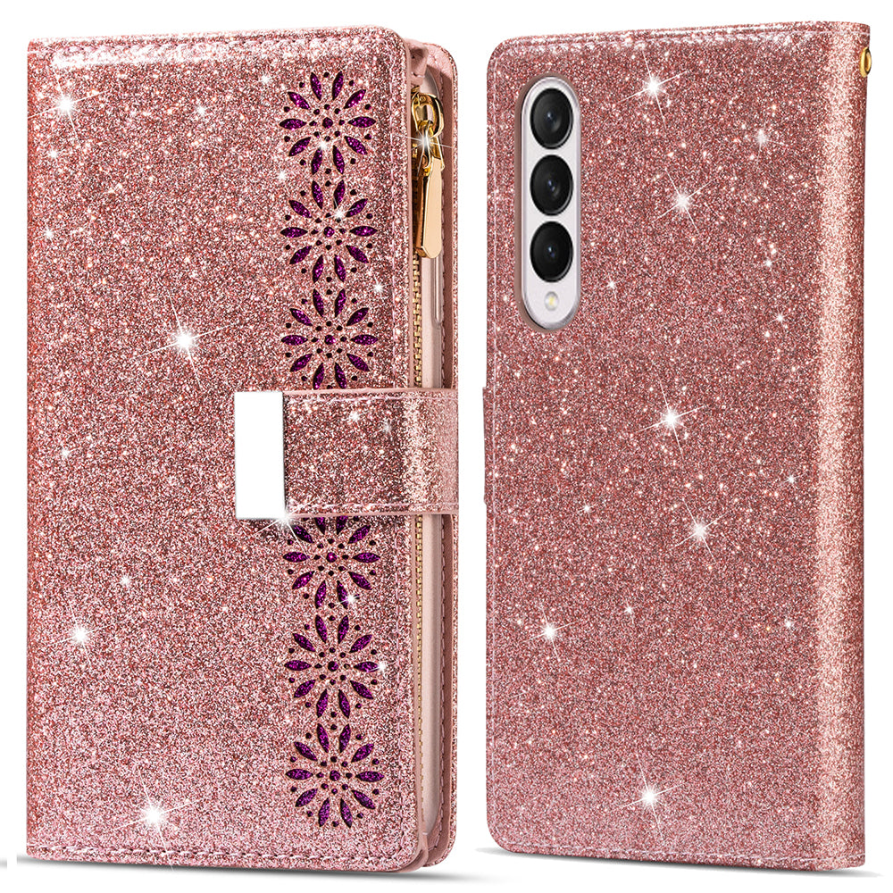 Glittery Starry Style Laser Carving Magnetic Closure Zipper Wallet Stand Protective Leather Phone Case for Samsung Galaxy Z Fold3 5G