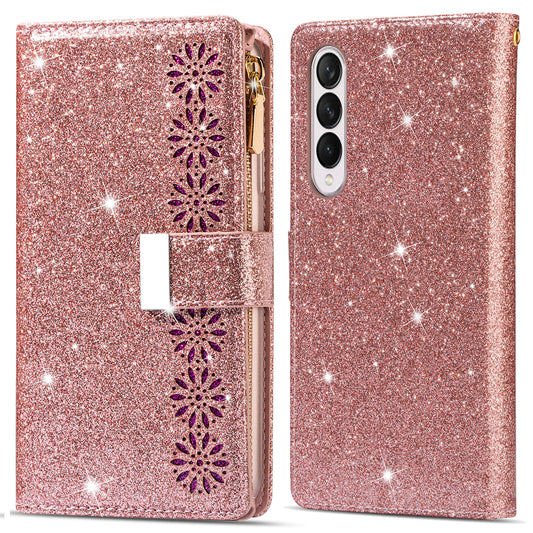 Glittery Starry Style Laser Carving Magnetic Closure Zipper Wallet Stand Protective Leather Phone Case for Samsung Galaxy Z Fold3 5G