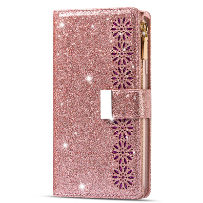 Glittery Starry Style Laser Carving Magnetic Closure Zipper Wallet Stand Protective Leather Phone Case for Samsung Galaxy Z Fold3 5G