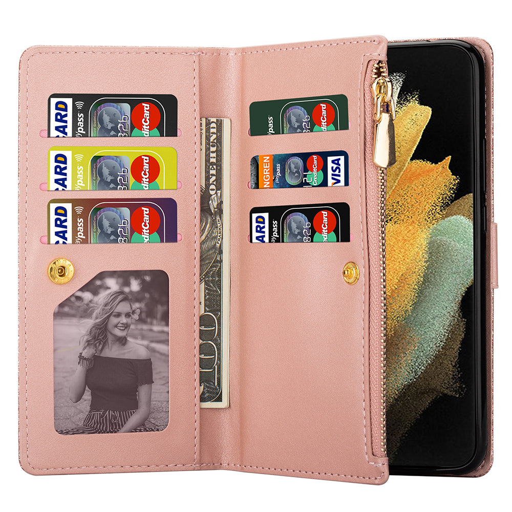 Glittery Starry Style Laser Carving Magnetic Closure Zipper Wallet Stand Protective Leather Phone Case for Samsung Galaxy Z Fold3 5G