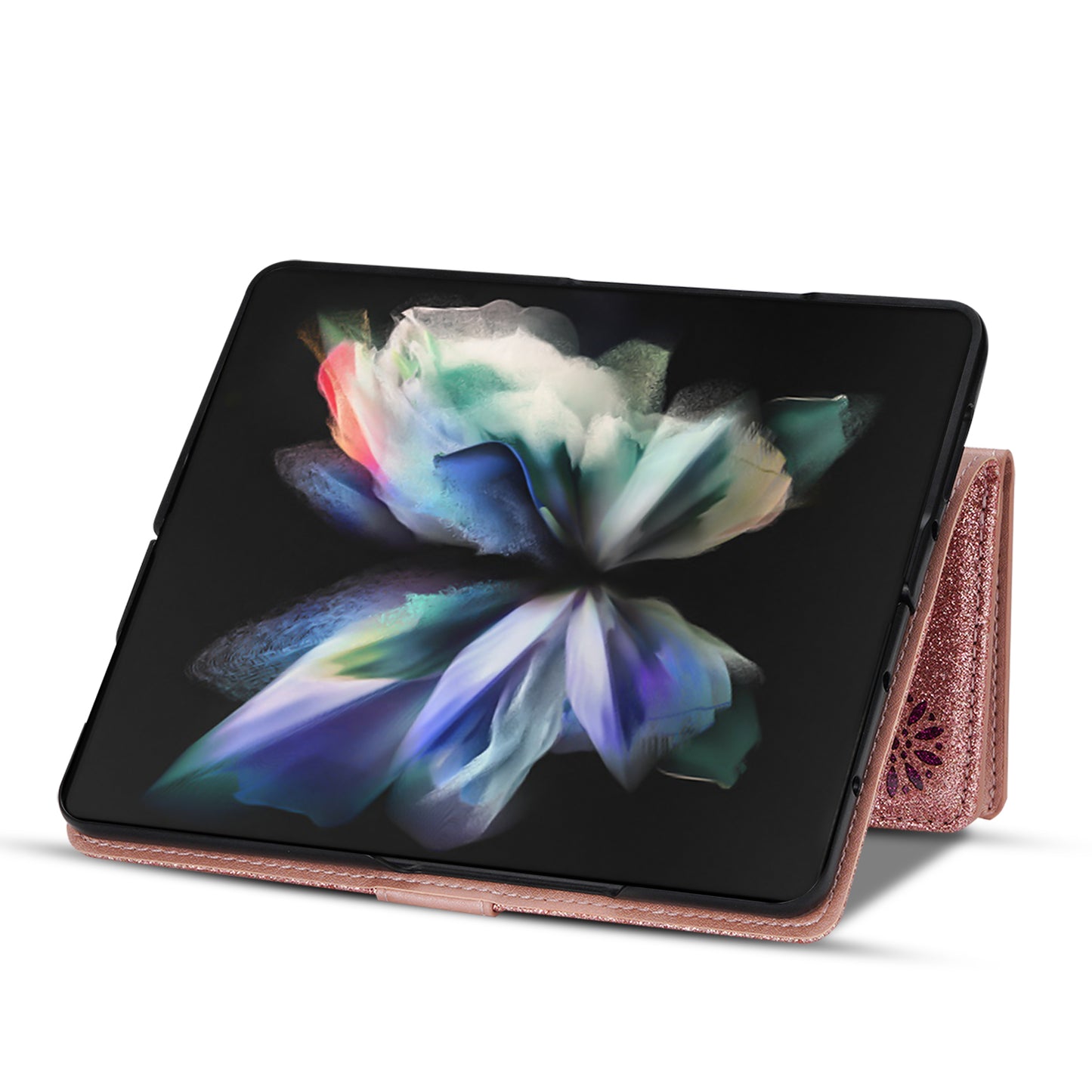 Glittery Starry Style Laser Carving Magnetic Closure Zipper Wallet Stand Protective Leather Phone Case for Samsung Galaxy Z Fold3 5G
