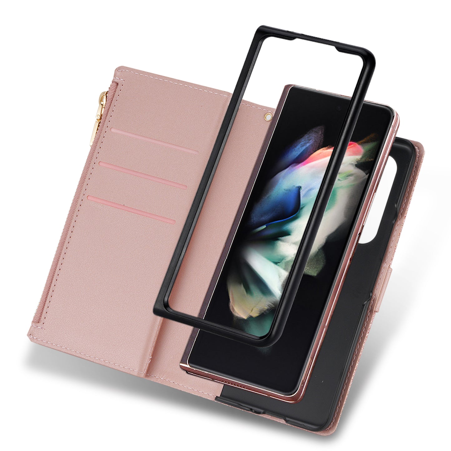 Glittery Starry Style Laser Carving Magnetic Closure Zipper Wallet Stand Protective Leather Phone Case for Samsung Galaxy Z Fold3 5G