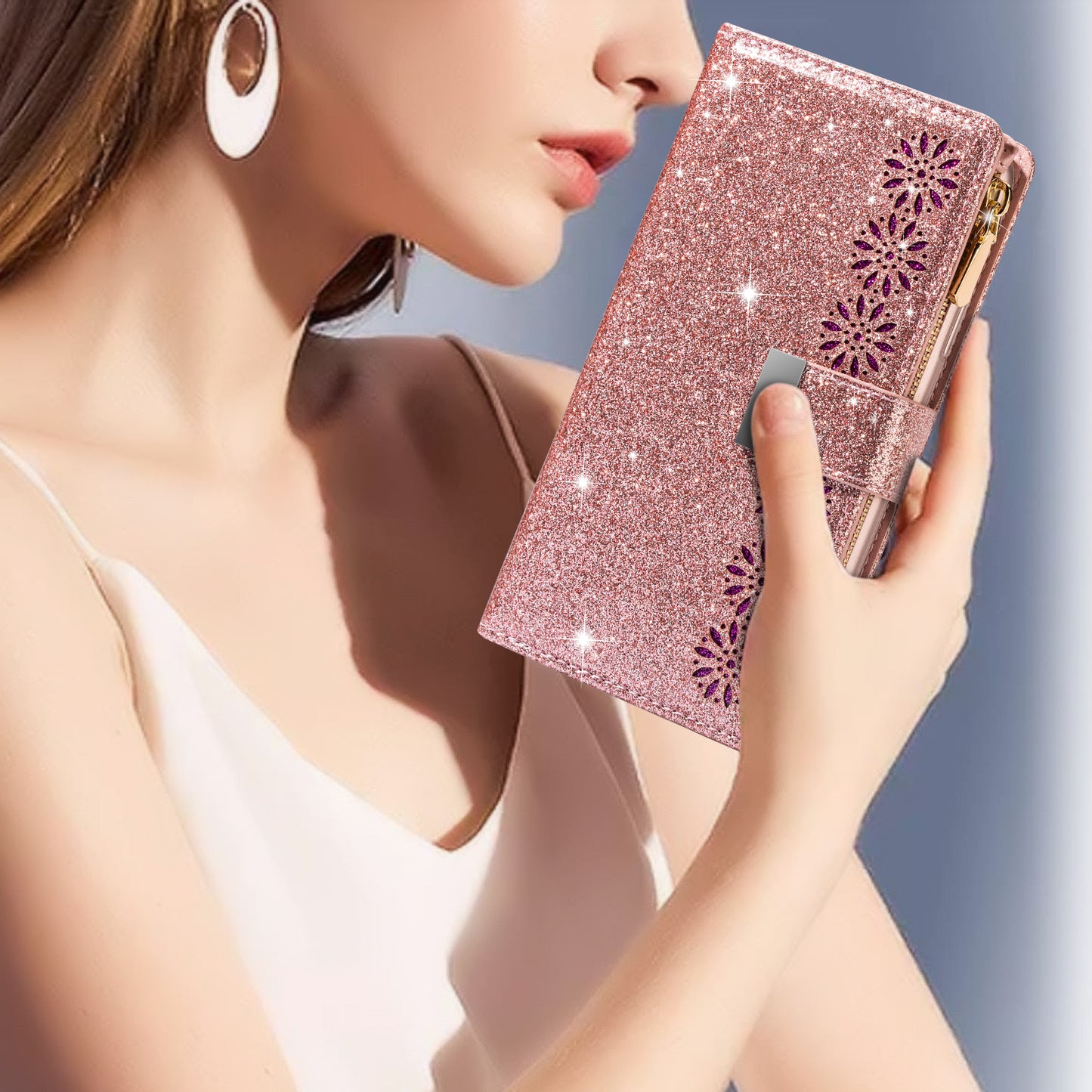 Glittery Starry Style Laser Carving Magnetic Closure Zipper Wallet Stand Protective Leather Phone Case for Samsung Galaxy Z Fold3 5G