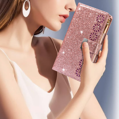 Glittery Starry Style Laser Carving Magnetic Closure Zipper Wallet Stand Protective Leather Phone Case for Samsung Galaxy Z Fold3 5G