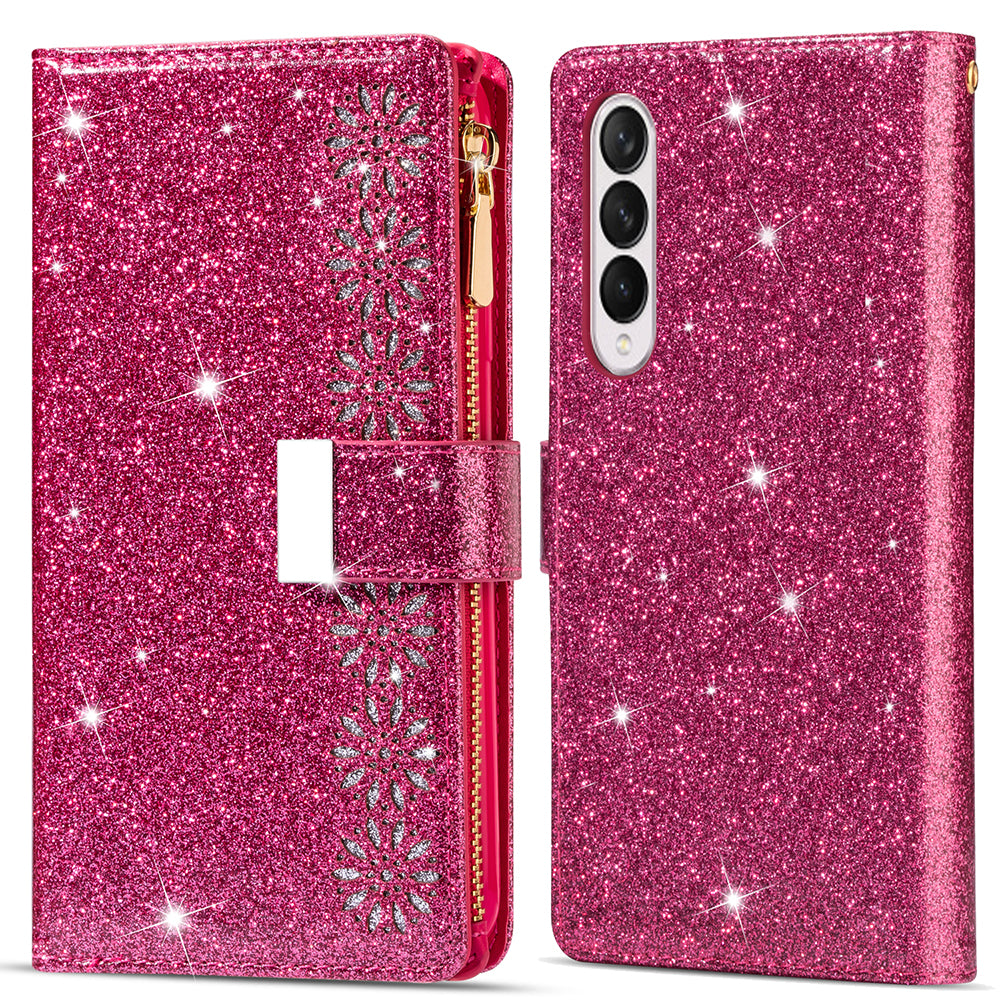 Glittery Starry Style Laser Carving Magnetic Closure Zipper Wallet Stand Protective Leather Phone Case for Samsung Galaxy Z Fold3 5G