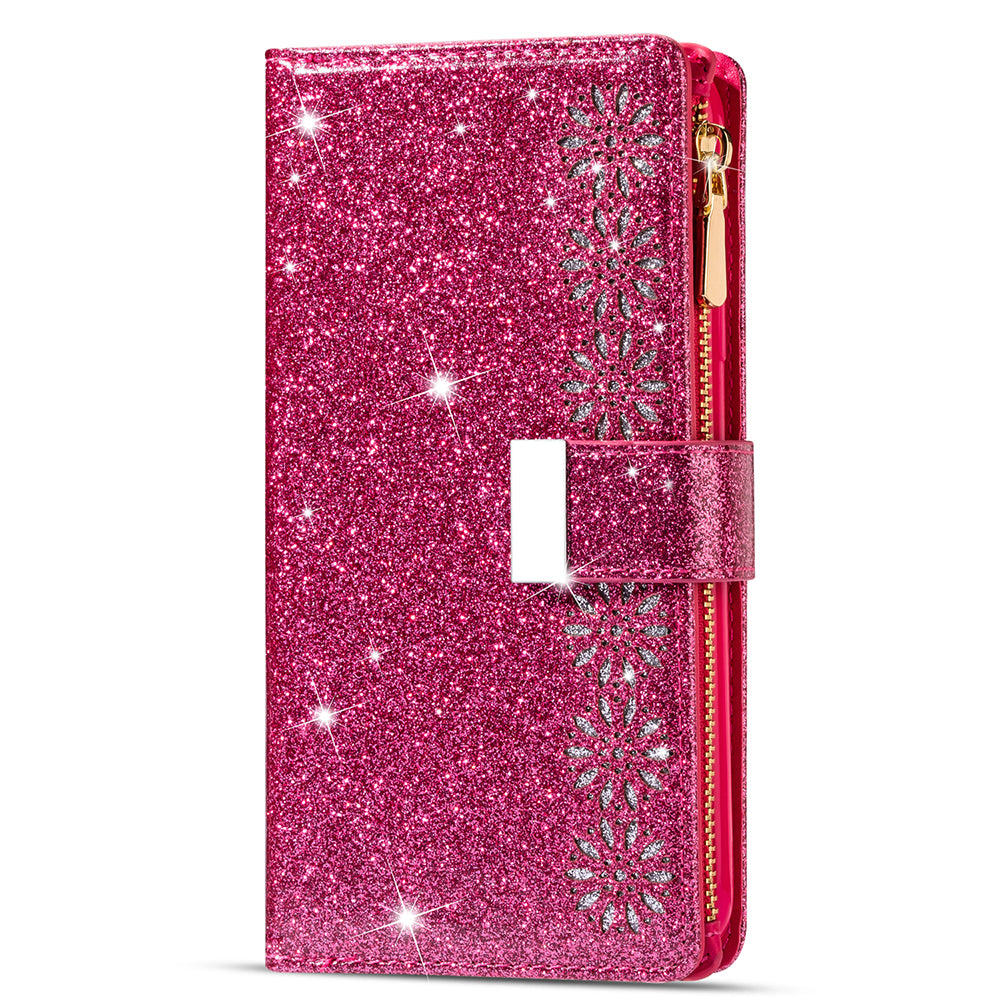 Glittery Starry Style Laser Carving Magnetic Closure Zipper Wallet Stand Protective Leather Phone Case for Samsung Galaxy Z Fold3 5G