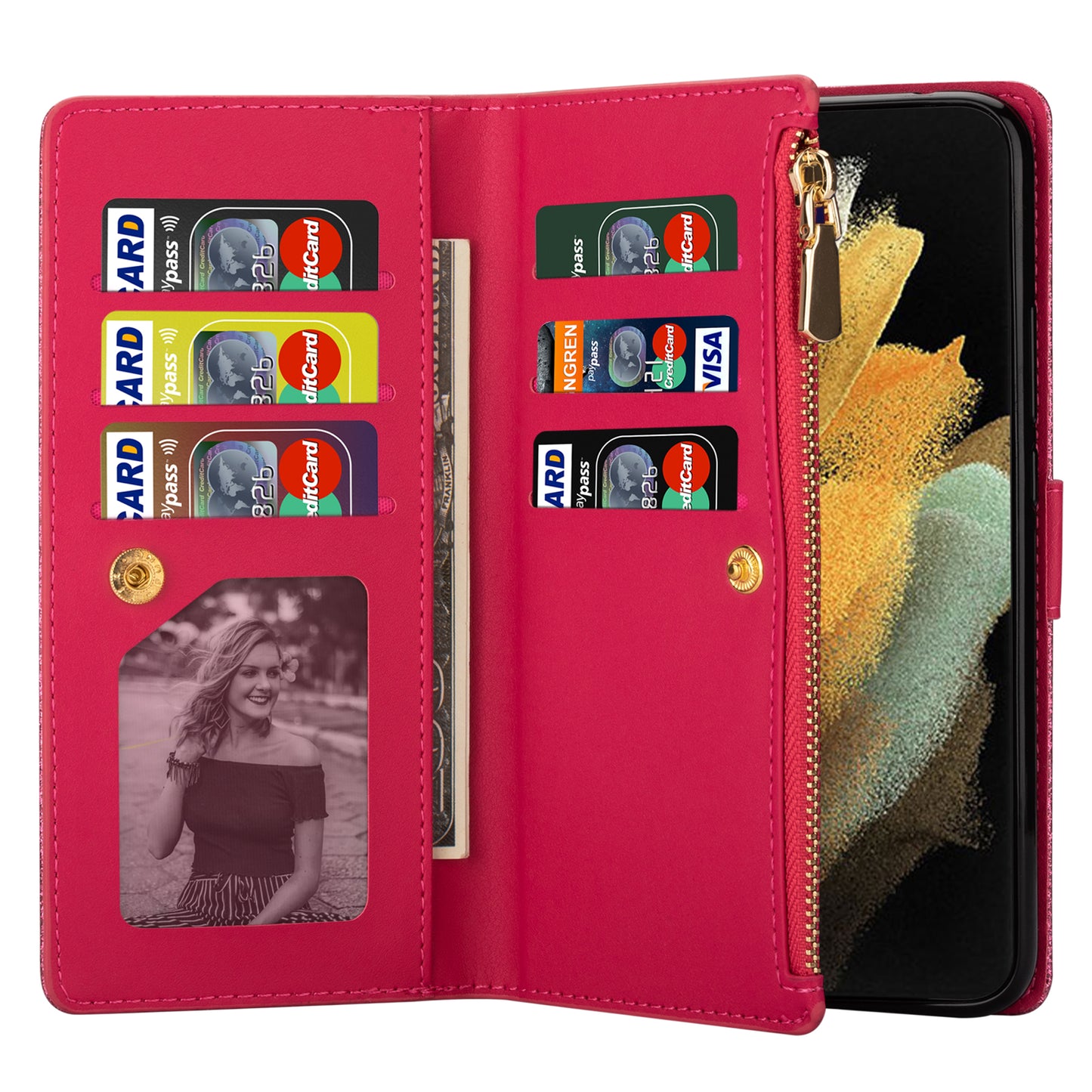 Glittery Starry Style Laser Carving Magnetic Closure Zipper Wallet Stand Protective Leather Phone Case for Samsung Galaxy Z Fold3 5G