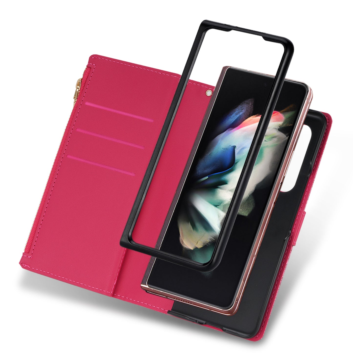Glittery Starry Style Laser Carving Magnetic Closure Zipper Wallet Stand Protective Leather Phone Case for Samsung Galaxy Z Fold3 5G