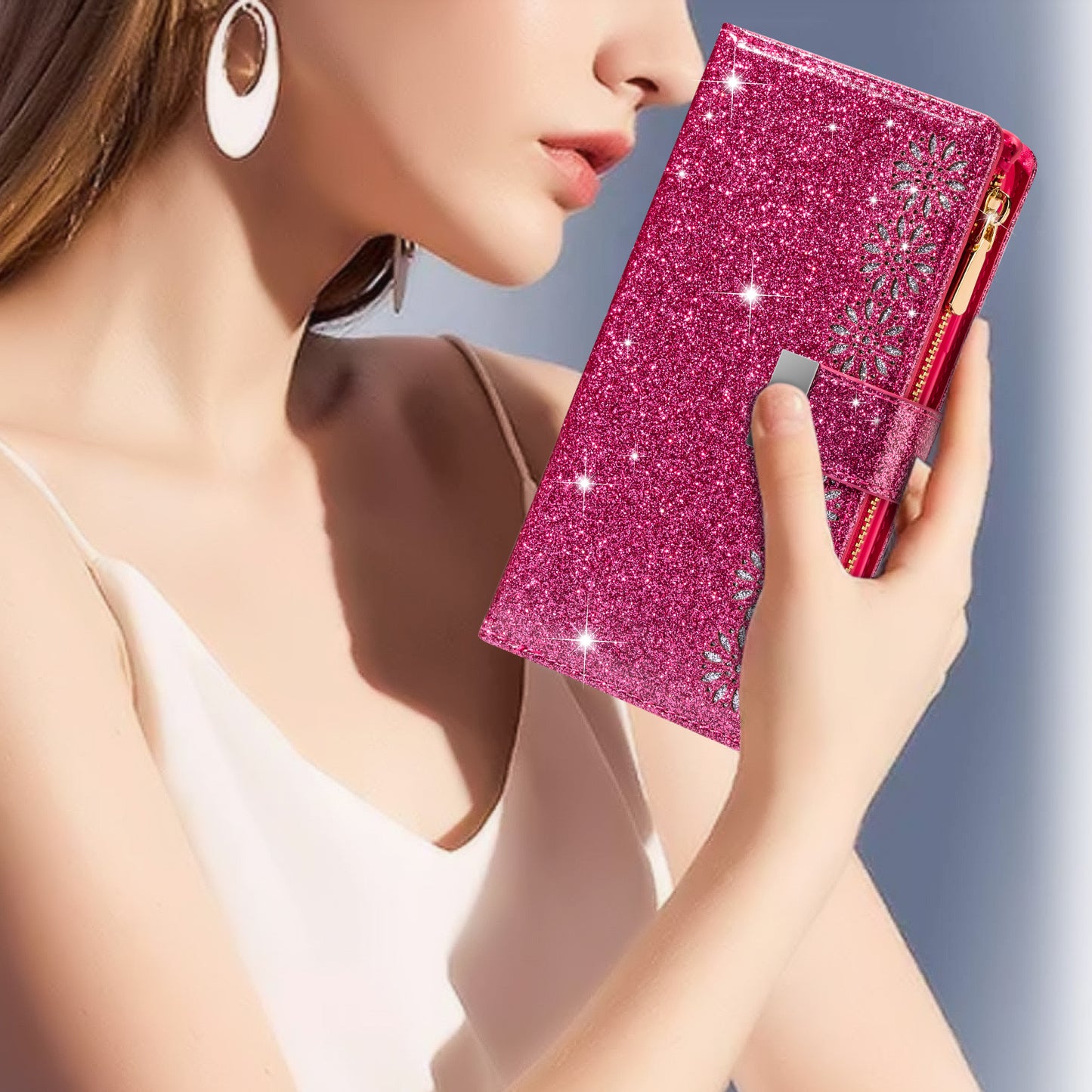 Glittery Starry Style Laser Carving Magnetic Closure Zipper Wallet Stand Protective Leather Phone Case for Samsung Galaxy Z Fold3 5G